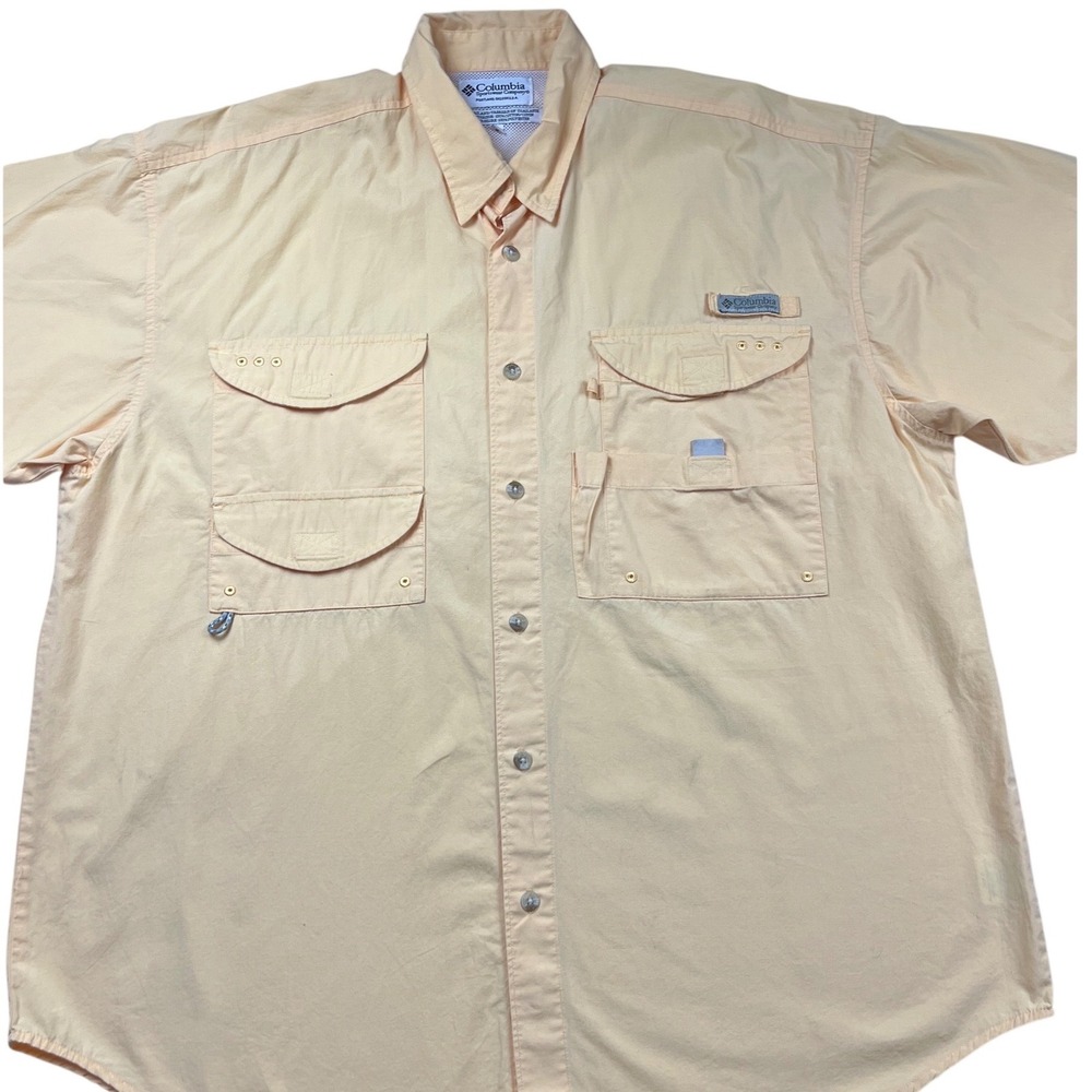 Columbia PFG Mens Yellow Short Sleeve Fishing Shirt FM7130 Size L Cotton Mesh